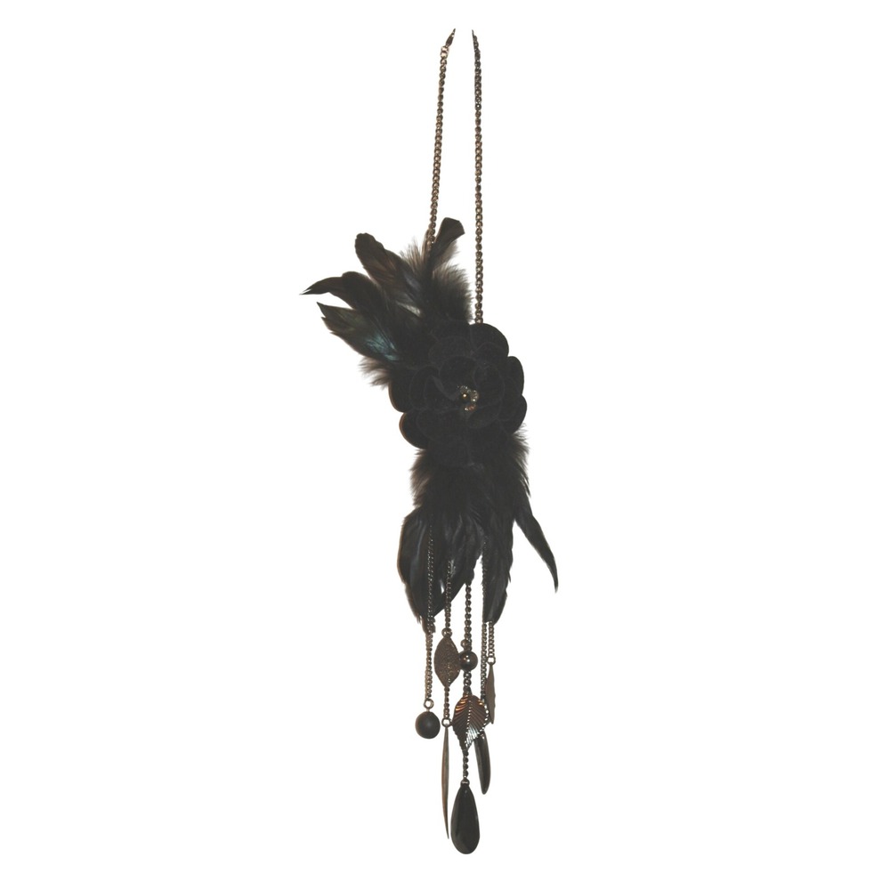 unusual bold statement necklace black feathers velvet flower dangle charms boho